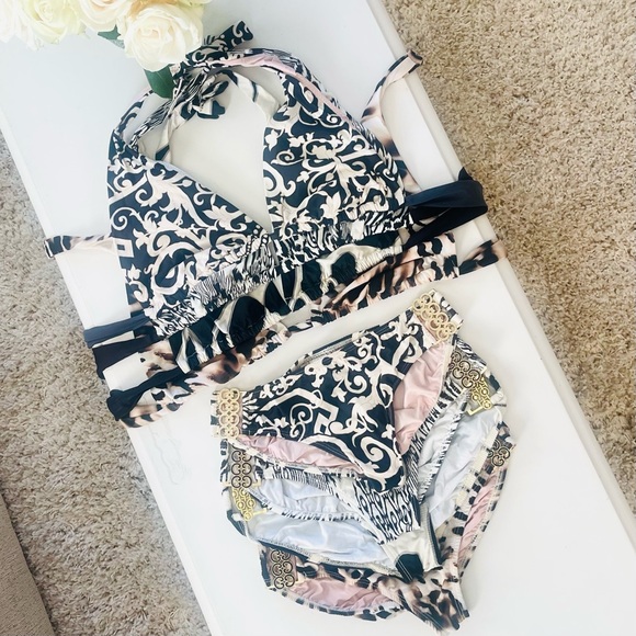 8 PIECE LOT TARA GRINNA Hipster Triangle Top Bikini Set Black Gold Animal Print - Picture 16 of 16